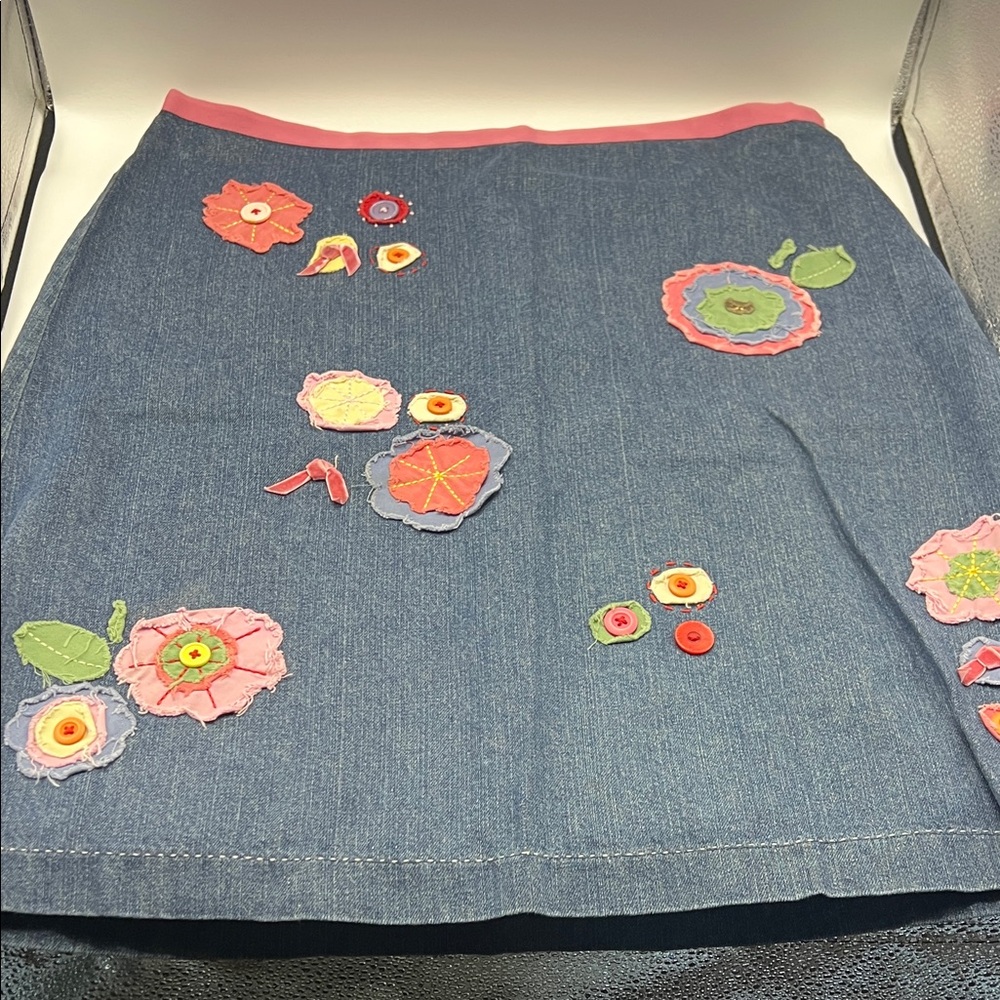 Boden Blue Denim Skirt with Colorful Floral Accents 18